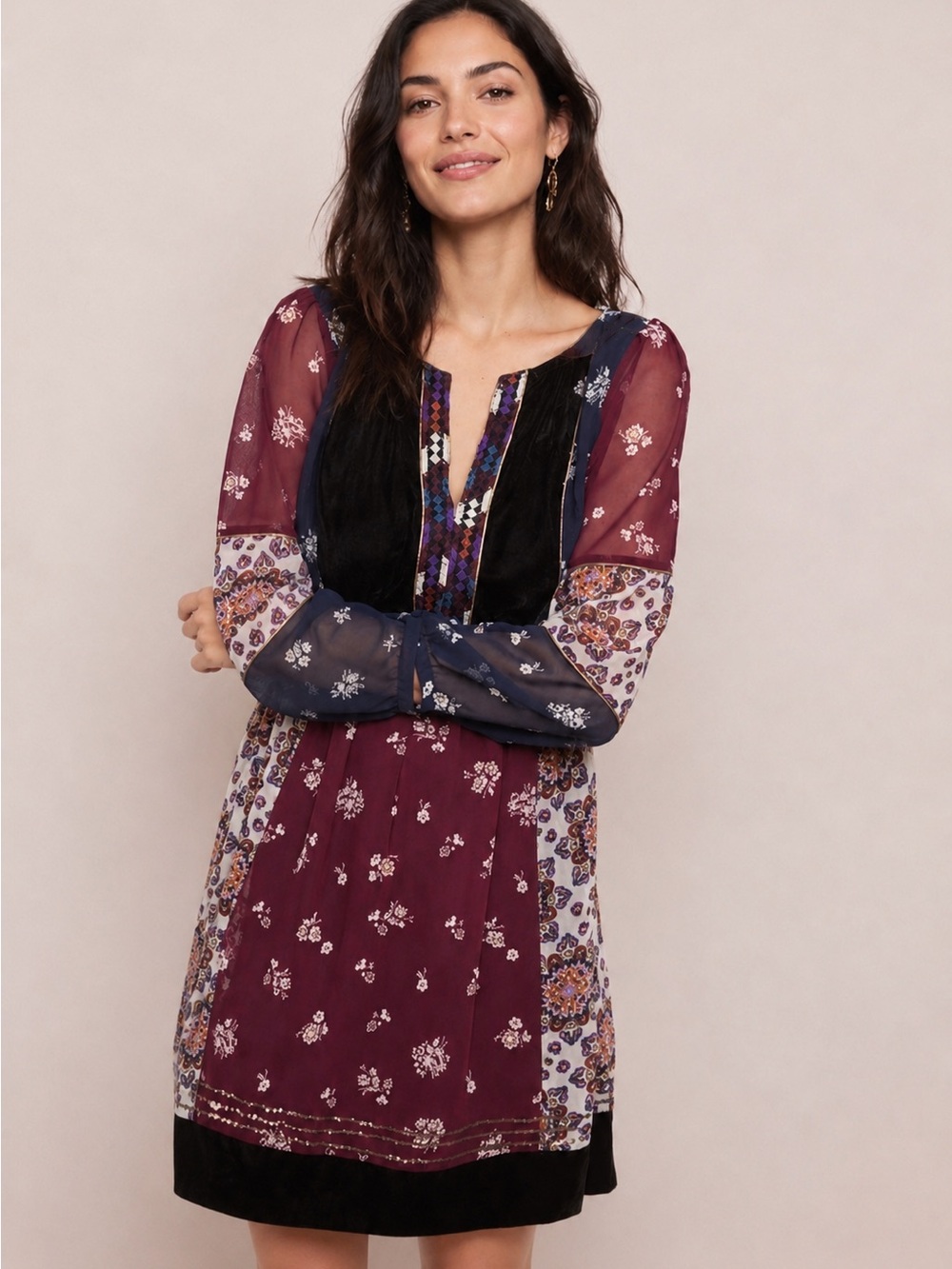 NWT Anthropologie Maeve 3/4 Sleeve Velvet Embroidered Mix Fabric Dress, XS